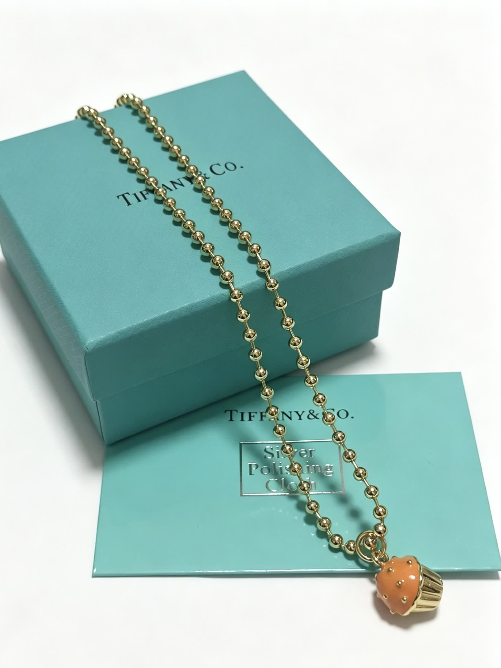 Tiffany & Co. Gold Bead Necklace with Cupcake Charm